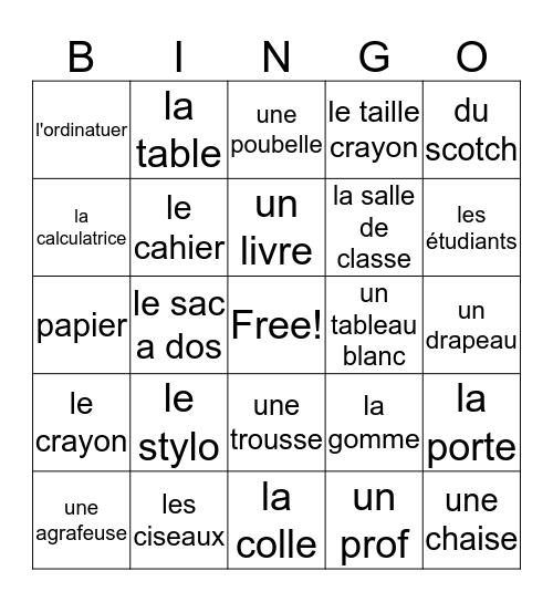 French Classroom Items Bingo Card