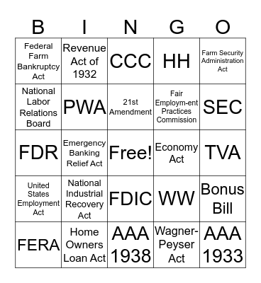 Great Depression Era Bingo Card