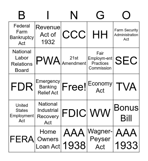 Great Depression Era Bingo Card