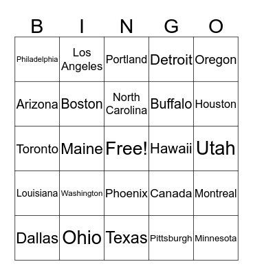 States and Cities Bingo Card