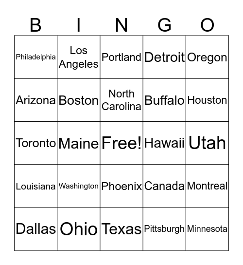 States and Cities Bingo Card