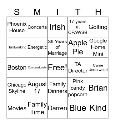 Sandra's Favorite Things Bingo Card