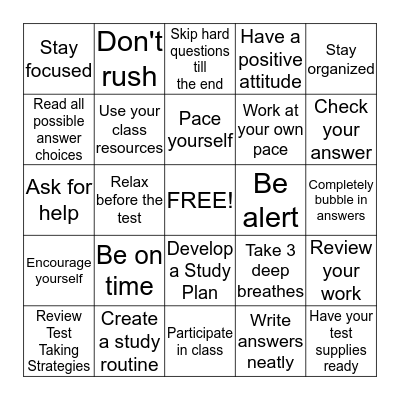 Study Skills  Bingo Card