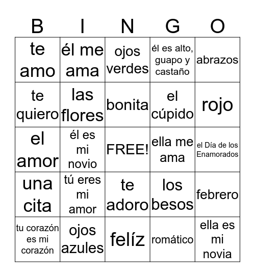Palabras de amor Bingo Card