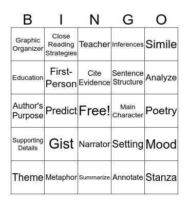 English Language Arts Bingo Card