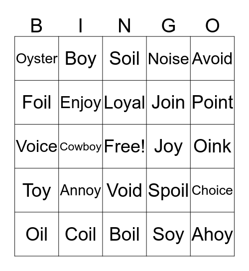 oi and oy Bingo Card