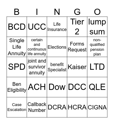 Pension/Health BINGO Card