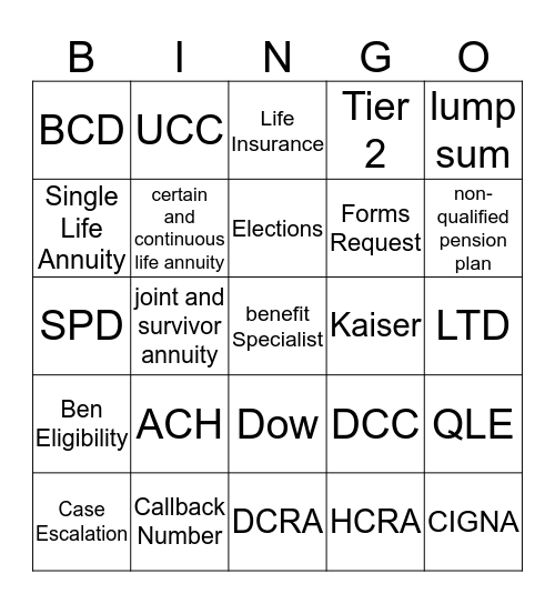 Pension/Health BINGO Card