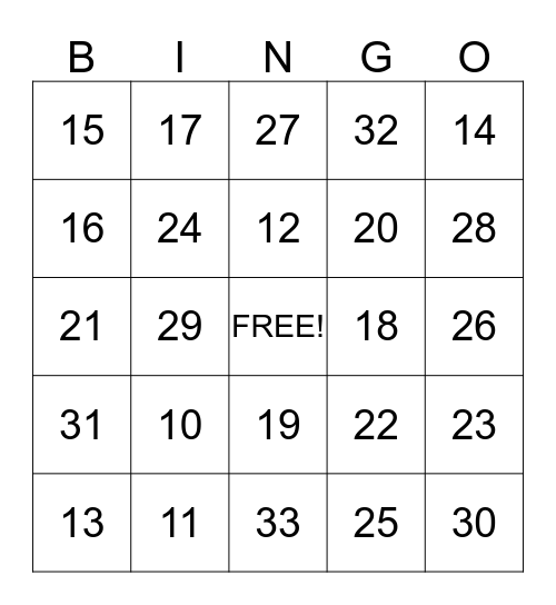2 Digit Numbers Bingo Card