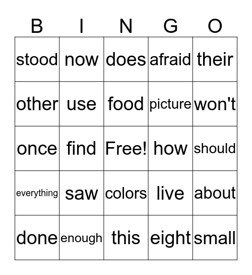 Word Wall Words First Grade Bingo Card
