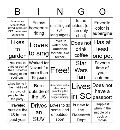 Getting to Know You Bingo Card