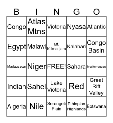 African Physical Features Bingo Card