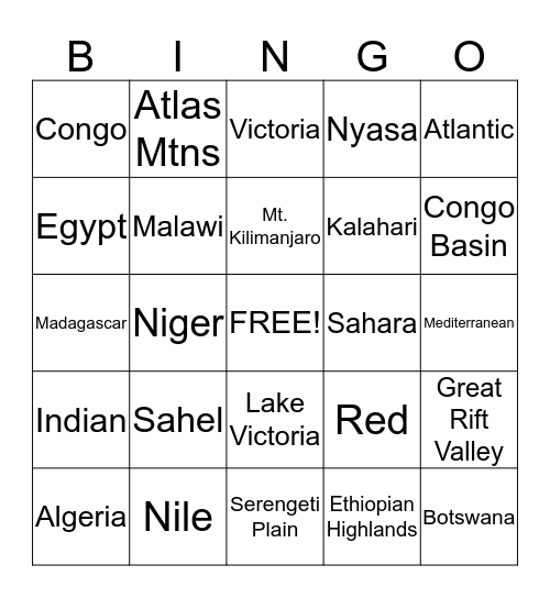 African Physical Features Bingo Card