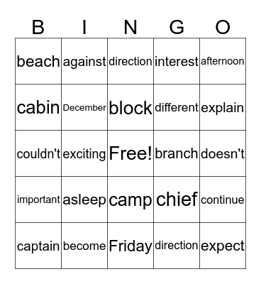 Sight Word Bingo Card