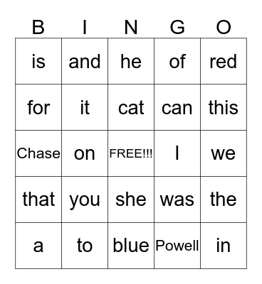 SIGHT WORD BINGO Card