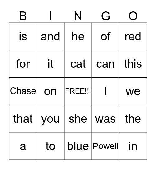 SIGHT WORD BINGO Card