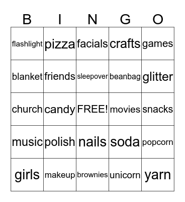 Club 45 Girls Sleepover 2019 Bingo Card