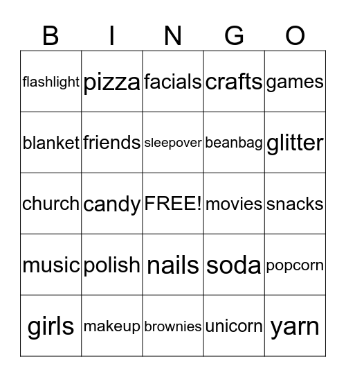 Club 45 Girls Sleepover 2019 Bingo Card