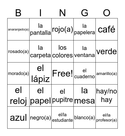 JH Spanish Bingo Card