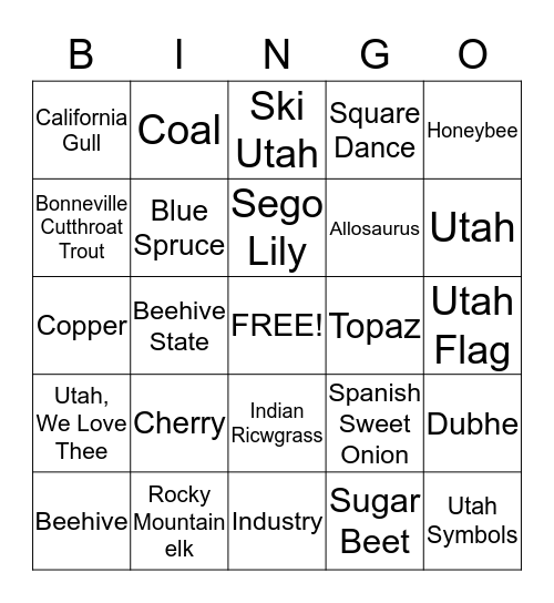 Utah Symbols Bingo Card