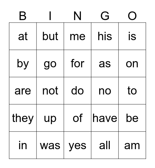 Sight Word Bingo (Kindergarten) Bingo Card