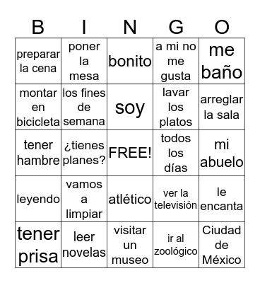 Spanish 2-Chapter 1 Bingo Card
