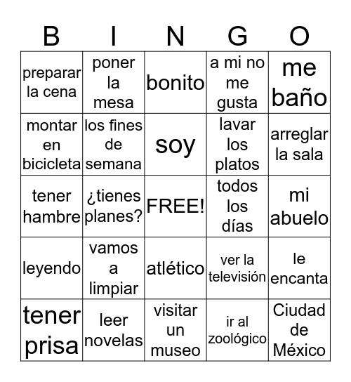 Spanish 2-Chapter 1 Bingo Card