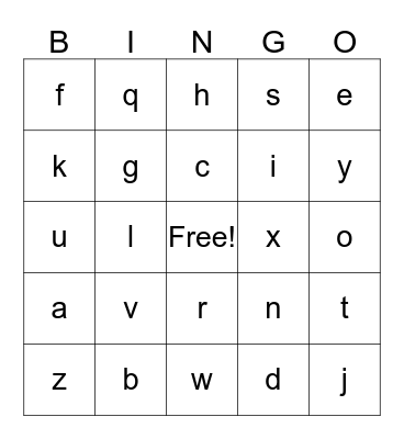Lower-case Alphabet Bingo Card