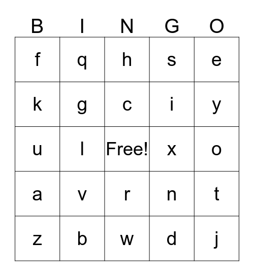 Lower-case Alphabet Bingo Card