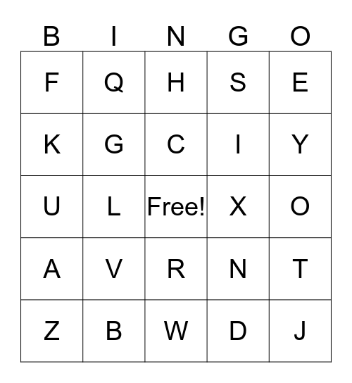 Upper-case Alphabet Bingo Card