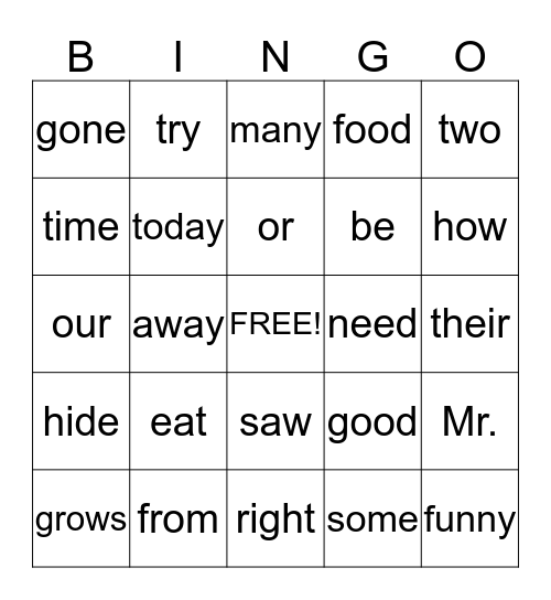 Sight Word Bingo 1 Bingo Card