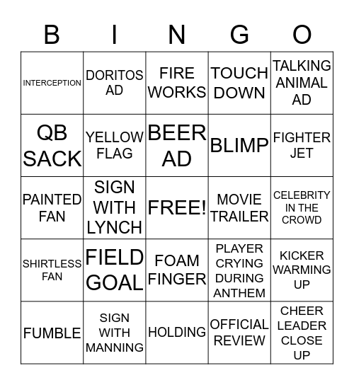 ~SUPERBOWL~ Bingo Card