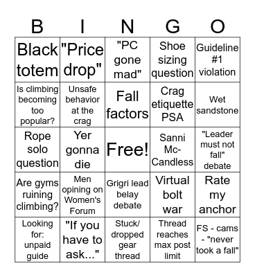 Mountain Project Forum Bingo Card
