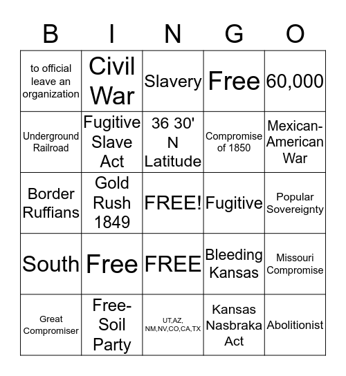 US History- Lesson 16.1 Review Bingo Card