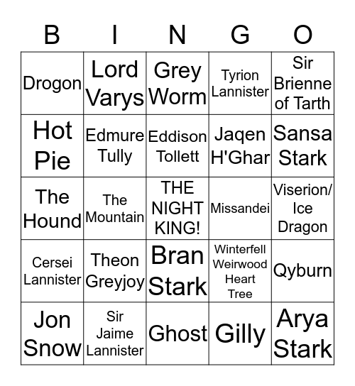 Winter is Coming Bingo Card