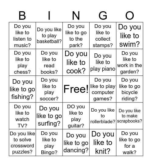 Leisure Activities Bingo Card