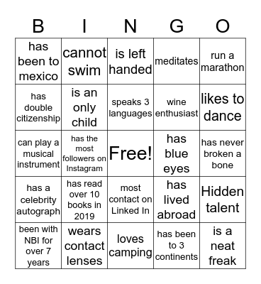 NBI NETWORKING  Bingo Card