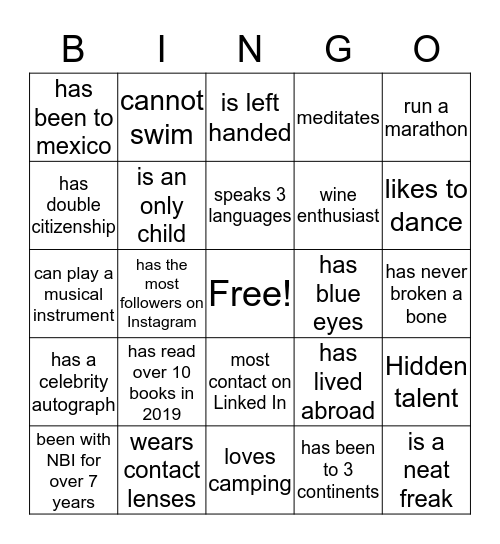 NBI NETWORKING  Bingo Card