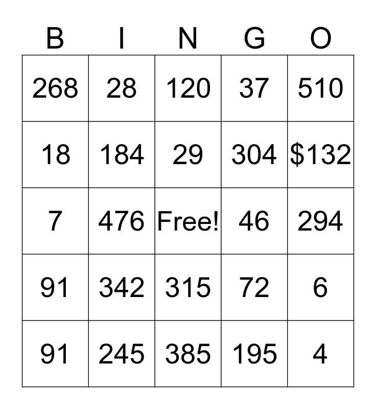 Math 5th Grade Bingo Card