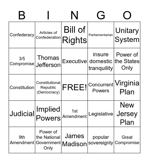 Constitution and Foundations Bingo Card