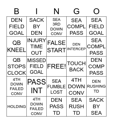 Super Bowl Bingo Card