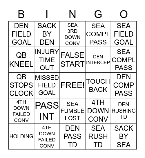 Super Bowl Bingo Card