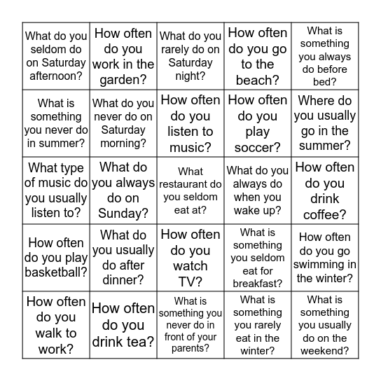 Adverbs of Frequency Bingo Card