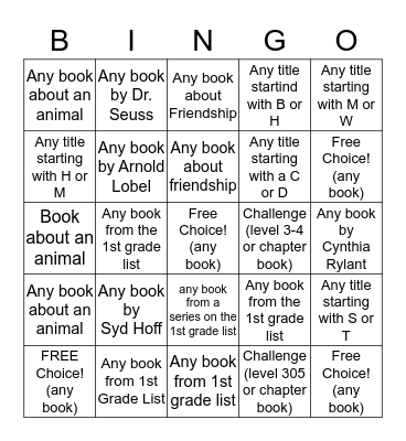 First Grade Summer Reading Bingo Card