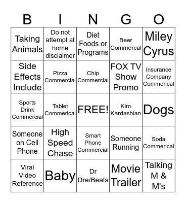 Super Bowl Commercial Bingo Card