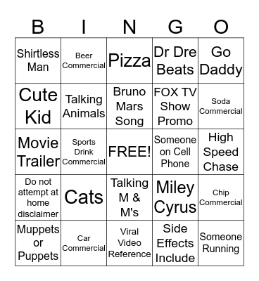 Super Bowl Commercial Bingo Card