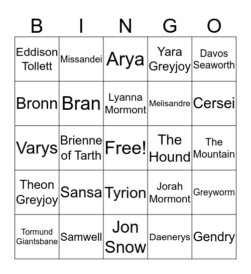 Game Of Thrones Bingo Card