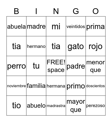 VOCABULARY WORDS Bingo Card