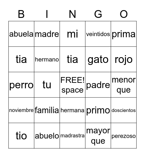 VOCABULARY WORDS Bingo Card