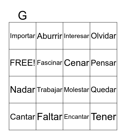 Verbs Like Gustar Practice Bingo Card